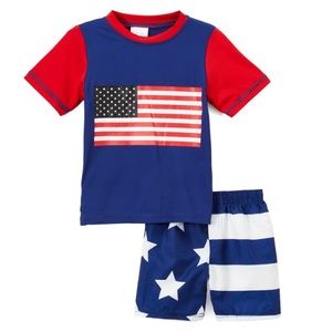 Boys Navy & Red Flag Rashguard & Flag Swim Shorts